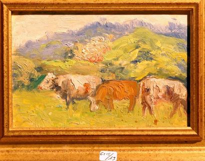 Georges Le MEILLEUR (1861-1945) Vaches au près Huile sur panneau 16,5x24 cm