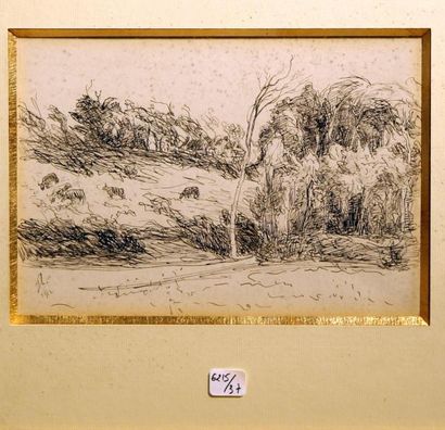 Georges Le MEILLEUR (1861-1945) Paysage avec vaches au pré Dessin à la plume Monogrammé...