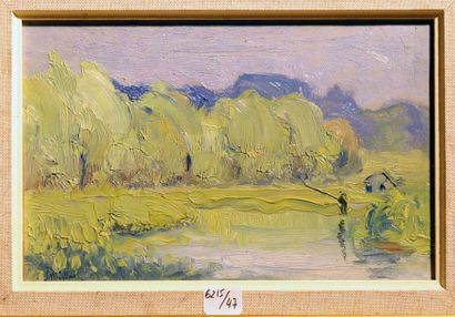 Georges Le MEILLEUR (1861-1945) Pêcheur au bord d?un étang Huile sur toile Signé...