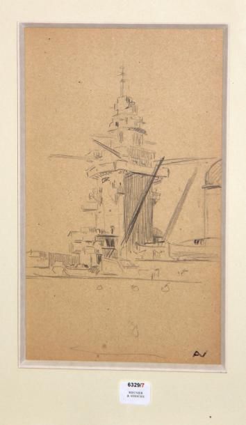 André NIVARD (1880-1969) Tourelle de vaisseau Mine de plomb 23x14 cm