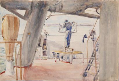 André NIVARD (1880-1969) Scènes sur les navires de la marine nationale Cinq aquarelles...