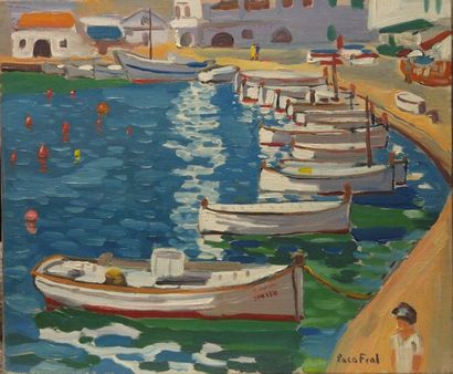 Paco FIOL (1939) Le port de Menorca, 1972 Huile sur toile Signé en bas à droite 65x54...