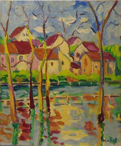 Paco FIOL (1939) La rivière en crue, 1984 Huile sur toile Signé en bas à droite 55x46...