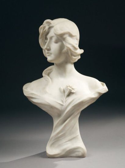 RANIERI & GOLDSCHEIDER Friedrich Buste de femme aux fleurs Sculpture en marbre taille...