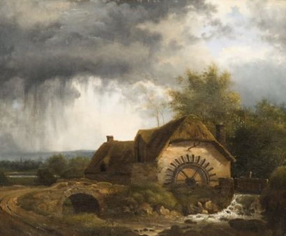 Attribué à Victor de GRAILLY Paysage au moulin par temps d'orage Huille sur toile...