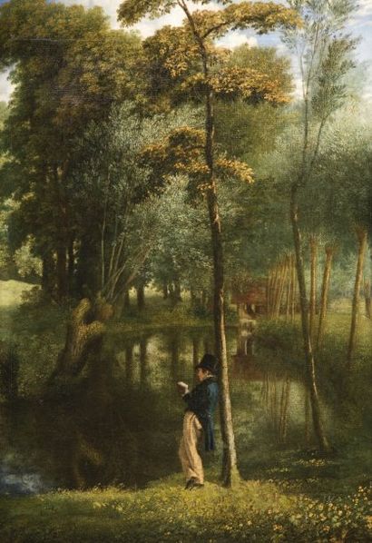 ECOLE FRANÇAISE DÉBUT DU XIXE SIÈCLE Jeune homme lisant au bord d'un étang Huile...