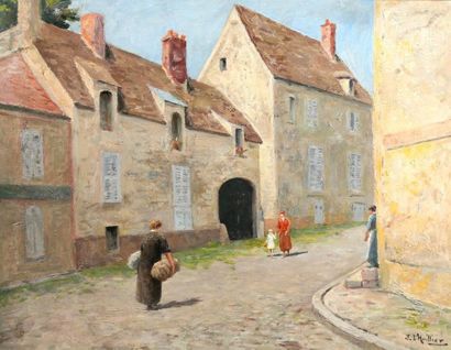 Jacques L HUILLIER (1867 -?) Rue de village animée Huile sur panneau. Signé en bas...