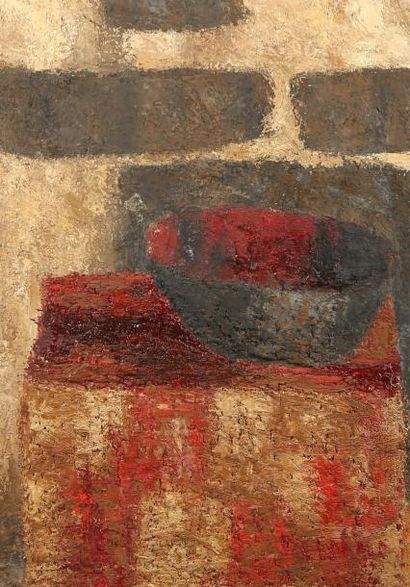 Louise DELORME, née en 1928 Coupe rouge et noire posée sur une table Huile sur toile....