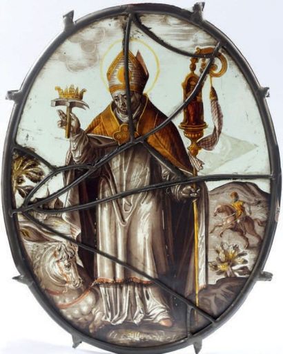 null Vitrail ovale en grisaille et jaune d'argent, représentant saint Éloi, en évêque,...
