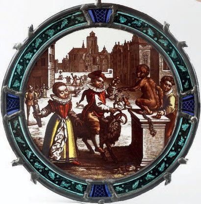 null Charmant rondel en grisaille, camaïeu et jaune d'argent, représentant des enfants...