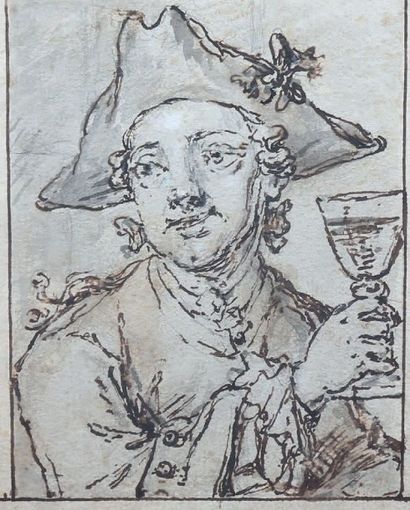 Ecole VÉNITIENNE du XVIIIème siècle 
Homme au tricorne levant son verre 
Plume et...