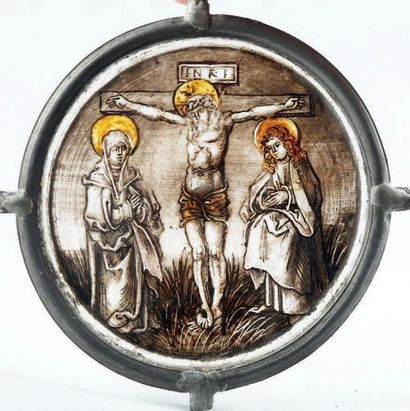null Cive en camaïeu et jaune d'argent, représentant une crucifixion: Marie et saint...