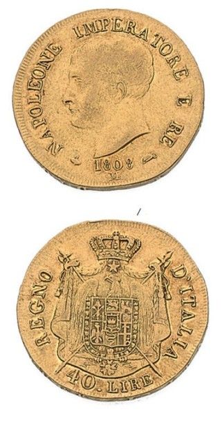 ITALIE NAPOLÉON, roi d'Italie (1805-1814) 40 lires or. 1er type. 1808. Milan.
L.M.N....