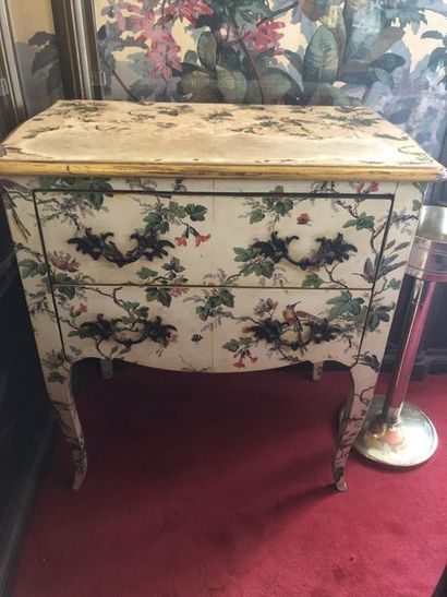 null Commode ouvrant par deux tiroirs en bois peint de fleurettes, oiseaux et insectes....