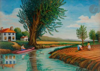 null Émile BLONDEL (1893-1970)
Ferme animée en bord de rivière
Huile sur toile.
Signée...