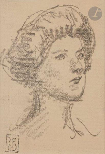  Théophile-Alexandre STEINLEN (1859-1923) Étude de tête Crayon gras. Porte le timbre...