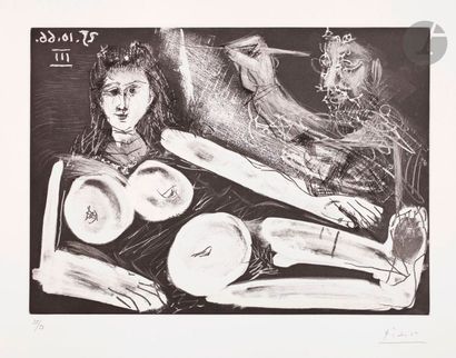 null Pablo Picasso (1881-1973)
Peintre et modèle au collier. 25 octobre 1966. Aquatinte,...