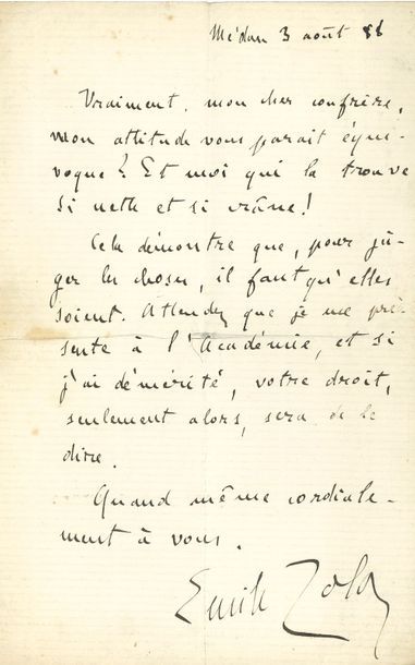 null ZOLA Émile (1840-1902).
L.A.S. « Emile Zola », Médan 3 août 1888, à un « cher...
