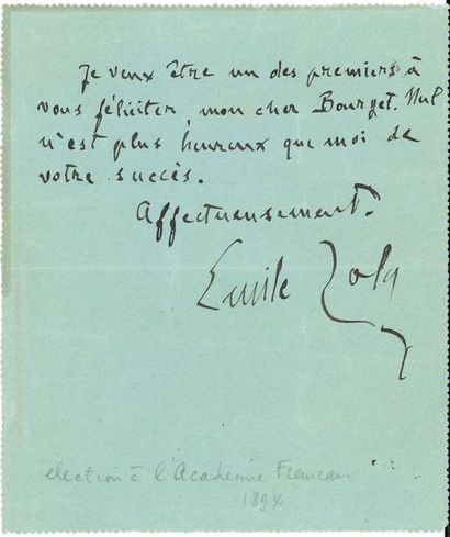 ZOLA Émile (1840-1902).
L.A.S. « Emile Zola »,...