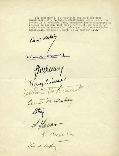  [BRASILLACH Robert (1909-1945)]. P.S. par 10 académiciens, [in janvier 1945] ; 1 page...