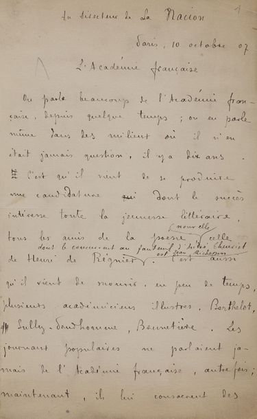 null GOURMONT Remy de (1858-1915).
MANUSCRIT autographe signé « Remy de Gourmont »,...