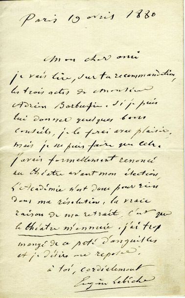 null LABICHE Eugène (1815-1888) [AF 1880, 15e f].
4 L.A.S. « Eugène Labiche », 1844-1880 ;...