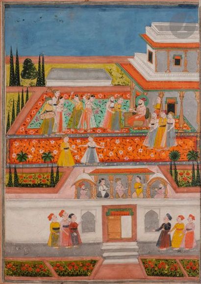 null Scène de divertissement dans un jardin, Deccan, XIXe siècle 
Page de manuscrit,...