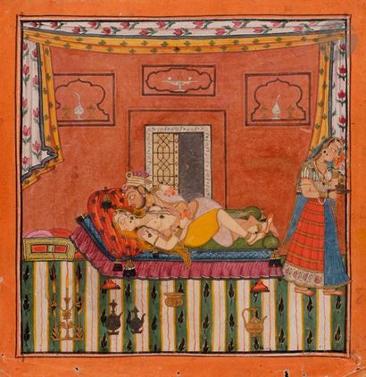null L’étreinte des amants, dans le style de Basohli, Inde du Haut Pendjab, XXe siècle
Gouache...