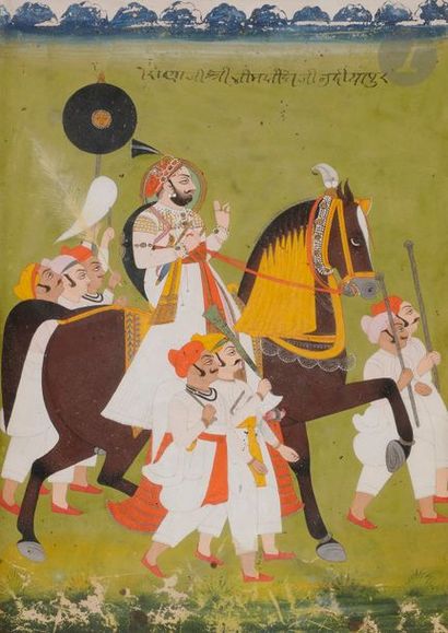 null Raja en parade, Inde du Nord, Rajasthan, milieu XIXe siècle 
Gouache et or sur...