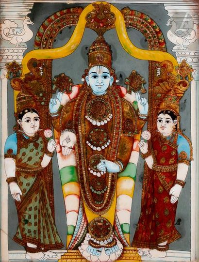 null Vishnu entouré d’orantes, fixé sous verre, Inde du Sud, Tanjore, début XXe siècle
Le...