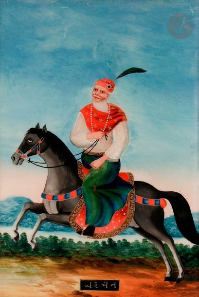 null Cavalier et portrait d’homme, fixés sous verre, Inde du Nord, début XXe siècle...