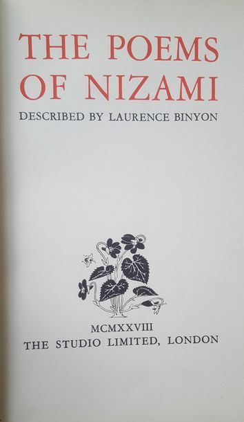 null BINYON Laurence, The poems of Nizami, London, 1928. 
30 pp. de texte, 16 pls...