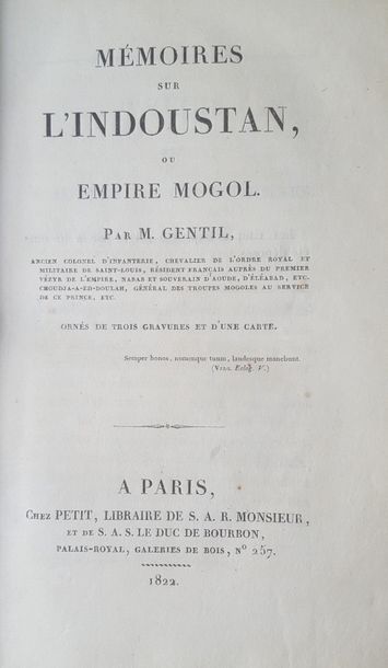 null GENTIL, Mémoires sur l’Indoustan ou Empire Mogol, Paris, Petit, 1822. In-8 relié...