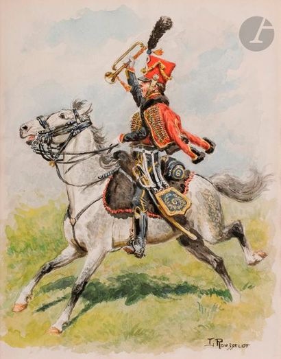 null ROUSSELOT (Lucien)
Trompette 6e Hussard à cheval. 
Aquarelle signée en bas à...