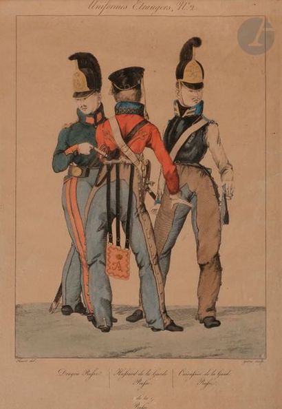 null Ensemble de 5 gravures ou reproductions en couleurs civiles et militaires :
-...