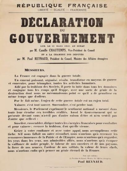 ANONYME Déclaration du gouvernement du 22 mars 1940 signée Paul Raynaud. Imp. des...