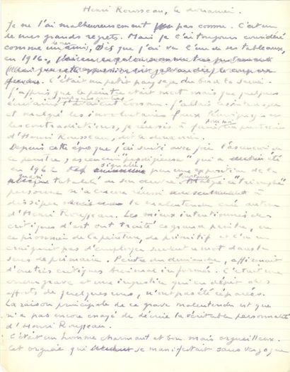 null Philippe SOUPAULT (1897-1990). Manuscrit autographe, Henri Rousseau, le douanier ;...