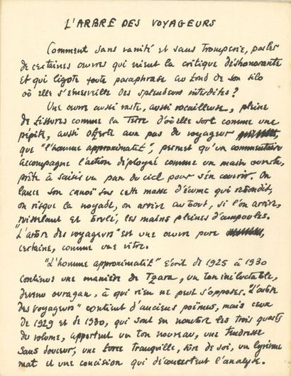 null Georges HUGNET (1906-1974). Manuscrit autographe, L’Arbre des voyageurs, [1930] ;...