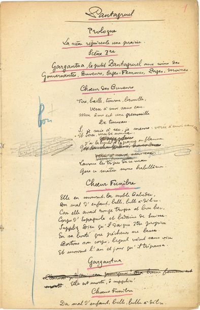 null Alfred JARRY (1873-1907). Manuscrit autographe, Pantagruel Prologue – Acte premier ;...