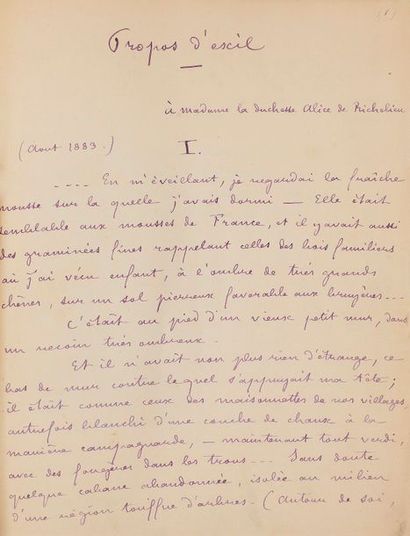 null Pierre LOTI (1850-1923). Manuscrit autographe signé, Propos d’exil ; titre et...