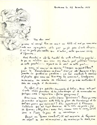 null Pierre MOLINIER (1900-1976). L.A.S. avec dessin, Bordeaux 28 décembre 1955,...