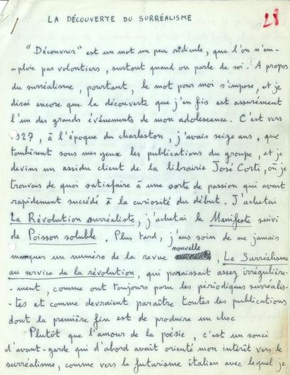 null André PIEYRE DE MANDIARGUES (1909-1991). Manuscrit autographe signé, La Découverte...