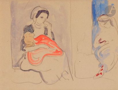 null *Louis VALTAT (1869-1952)
Maternité
Aquarelle sur traits de crayon.
Non signée.
24...