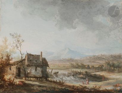  Attribué à MOREAU l'aÎné Louis-Gabriel Moreau, dit l'Aîné (1740-1806) Paysage Gouache....