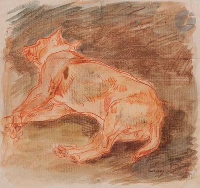  Attribué à Eugène DELACROIX (1798-1863) étude de chien couché Sanguine et aquarelle....