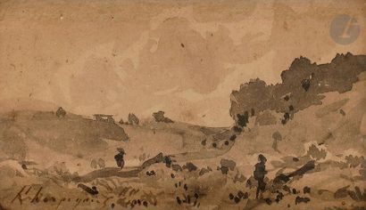 null Henri Joseph HARPIGNIES (1819-1916)
Paysage animé, 1910
Encre et lavis d'encre.
Signée...