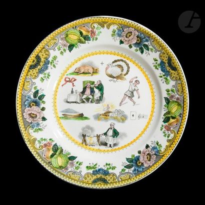 null Choisy
Six assiettes en faïence fine à décor polychrome imprimé de rébus.
XIXe...