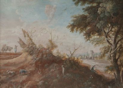 null École ALLEMANDE du XVIIIe siècle
Paysage aux chèvres
Gouache.
25 x 33,5 cm