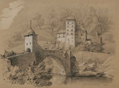  Ensemble de 11 dessins et 5 gravures de vues montagne sous 11 cadres : Vue de Suisse,...