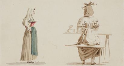 null École FRANÇAISE ROMANTIQUE vers 1830
Ensemble de 5 dessins de costumes de théâtre
Aquarelle...